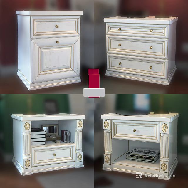 Elegant White Bedroom Nightstand With Drawers And Ornate Decorative Details 3d model 