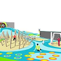 Children's Outdoor Playground With Wavy Structures Sand Area Water Pools Kids Playing And Adults Supervising