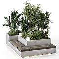 Outdoor Concrete Chair With Gray Cushions Surrounded By Green Plants And Round Lights