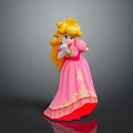 Princess Doll with Blonde Hair Pink Dress Gold Patterns Holding White Object on Dark Background