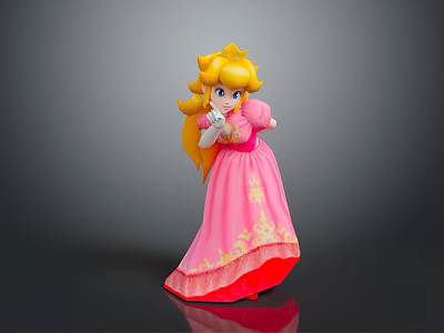 Princess Doll with Blonde Hair Pink Dress Gold Patterns Holding White Object on Dark Background 3d model