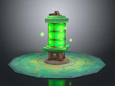 Glowing Green Lantern Scene Component With Grid Panels And Decorative Platform 3d model