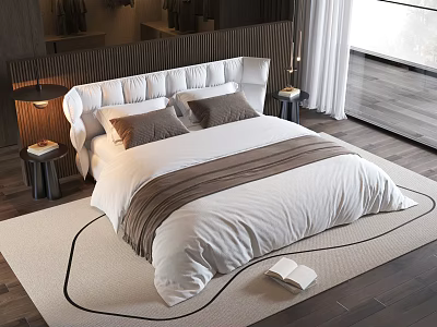 Modern Double Bed Interior Design With White Bedsheets Gray Pillows Bedside Lamps And Rug 3d model