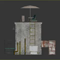 Roof Top Terrace Structure With Pink Umbrella Yellow Ladder Green Mat And Red Pipes