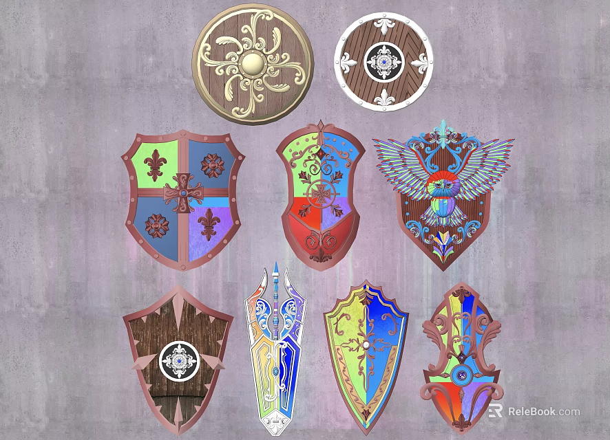 Different Decorative Shields With Intricate Artistic Patterns Metal And Wooden Designs 3d model 