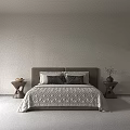 Minimalist Modern Bedroom Interior With Brown Headboard Geometric Quilt Decorative Pillows And Nightstands