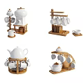 Elegant Ceramic Tableware Sets With Teapots Cups Saucers And Wooden Racks 3d model