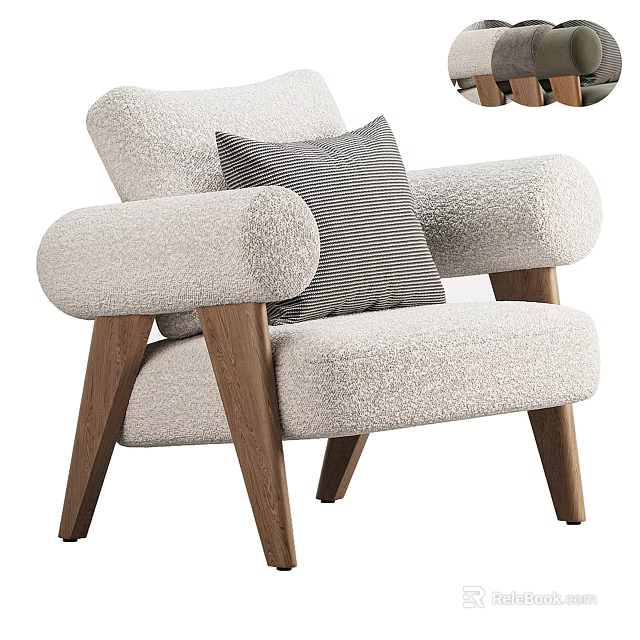 Modern Accent Chair With Soft Fluffy Fabric And Striped Pillow On Wooden Legs 3d model 