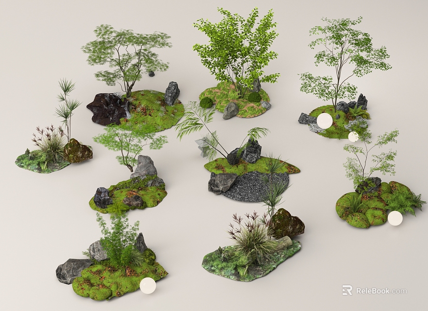Miniature Garden Landscape Models With Trees Shrubs Stones And Green Moss 3d model 