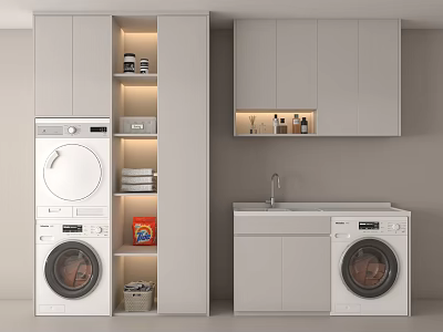 Modern Bathroom Cabinet with Open Shelves Storage Solution for Washing Machine and Dryer 3d model