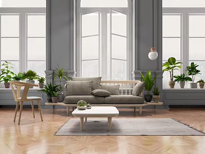 Modern Sofa And Coffee Table Set With Green Plants Large Windows Wooden Floor And Rug 3d model