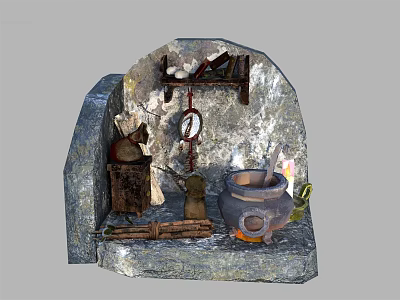 Cartoon Stone Cave Scene Featuring Magic Cauldron Alchemy Tools Shelf And Burning Fire 3d model