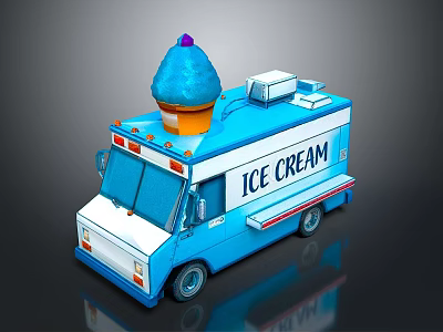 Blue And White Ice Cream Truck With Large Cone On Top And Ice Cream Lettering 3d model