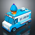Blue And White Ice Cream Truck With Large Cone On Top And Ice Cream Lettering