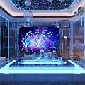 Modern Luxury KTV Party Interior With Sofa Coffee Table Lighting Balloon Decorations And Geometric Floor