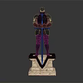 Game Movie Character Medieval Detailed Armored Knight Holding Sword on Stone Pedestal