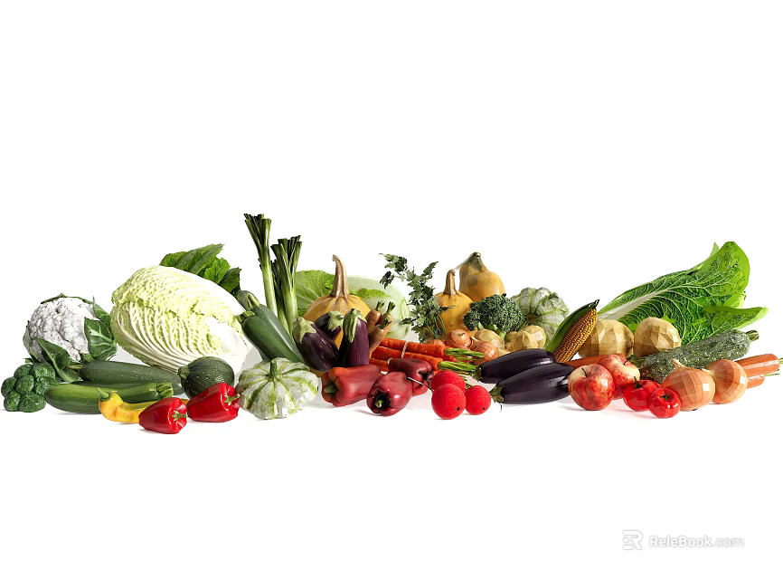 Fresh Assorted Vegetables with Colorful Cabbage Carrots Bell Peppers Zucchini and Tomatoes 3d model 