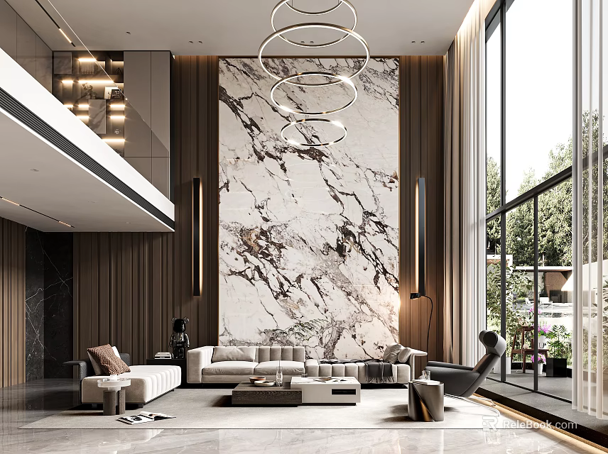 Duplex Living Room Design With Marble Accent Wall Circular Pendant Lights And Large Windows 3d model 