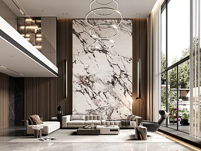 Duplex Living Room Design With Marble Accent Wall Circular Pendant Lights And Large Windows 3d model