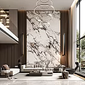 Duplex Living Room Design With Marble Accent Wall Circular Pendant Lights And Large Windows