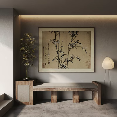 Bamboo Botanical Painting Hanging On Indoor Wall With Wooden Bench Decor 3d model