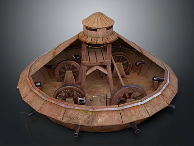 Traditional Wooden Water Transport Vehicle with Circular Hull Tower Structure Wheels and Cannons 3d model