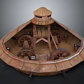 Traditional Wooden Water Transport Vehicle with Circular Hull Tower Structure Wheels and Cannons