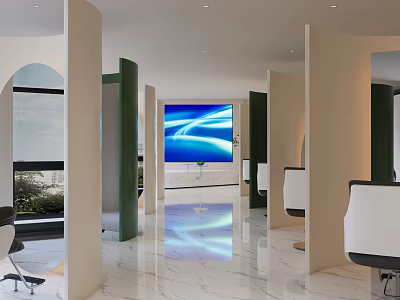 Modern Beauty Hair Salon Interior With White Styling Chairs Marble Floor Large Screen And Green Plants 3d model