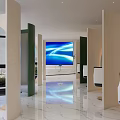 Modern Beauty Hair Salon Interior With White Styling Chairs Marble Floor Large Screen And Green Plants