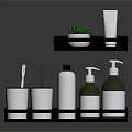 Bathroom Essentials On Wooden Shelf With Cups Bottles Plant And Tube