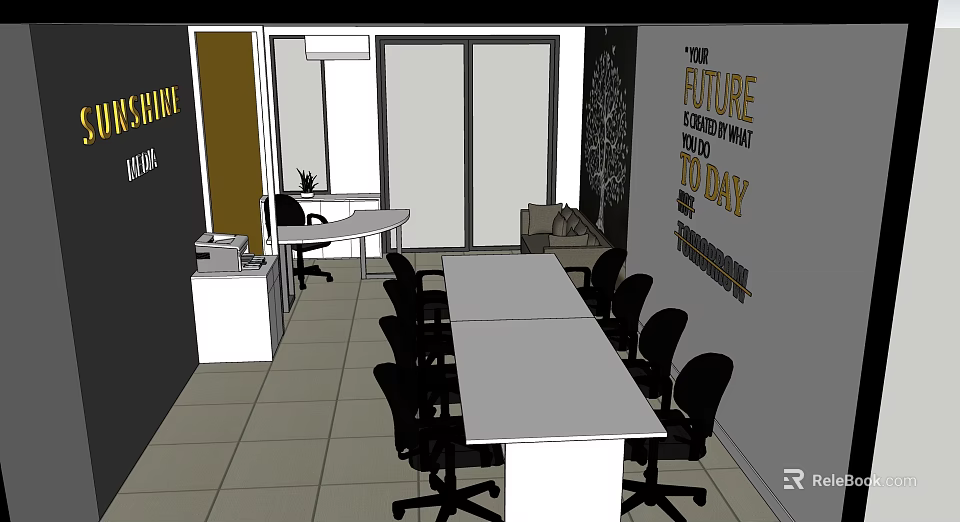 Modern Conference Room Featuring Long White Table Black Office Chairs And Motivational Quote Wall 3d model 