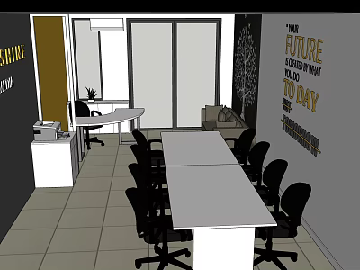 Modern Conference Room Featuring Long White Table Black Office Chairs And Motivational Quote Wall 3d model