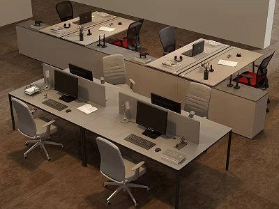 Multiple Office Work Desks With Computers Chairs Dividers And Office Supplies 3d model