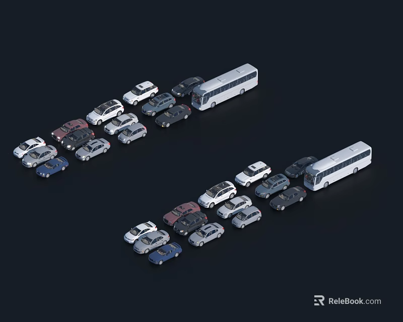 Different Car Models And Buses In Various Colors Arranged For Display On Black Background 3d model