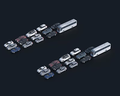 Different Car Models And Buses In Various Colors Arranged For Display On Black Background 3d model