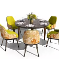 Chic Round Dining Table Set With Six Yellow Floral Upholstered Chairs And Tableware 3d model