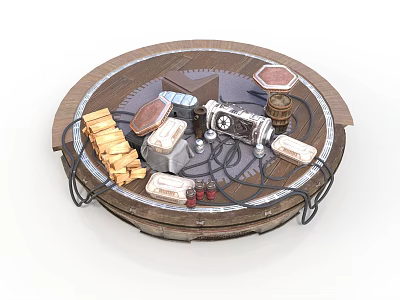 Circular Platform Scene With Gold Bars Equipment Wooden Barrel And Cables 3d model