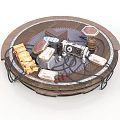 Circular Platform Scene With Gold Bars Equipment Wooden Barrel And Cables