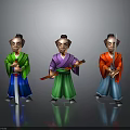 Three Traditional Warrior Figures With Colorful Costumes Holding Swords And Traditional Attire