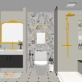 Elegant Bathroom Interior With Floral Wallpaper Gold Shower Fixtures Vanity Mirror And Tile Floor