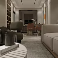 Modern Living And Dining Room Interior With Elegant Sculpture Decorative Painting Sofa And Marble Floor