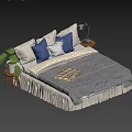 Cozy Double Bed With Gray Quilt Beige Bed Skirt Throw Pillows And Nightstand Green Plant