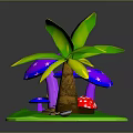 3D Model Scene with Purple Star Pattern Mushrooms Red Mushrooms Palm Tree and Green Grass