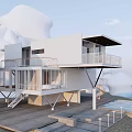 Modern White Detached Villa On Water With Terrace And Cloud Like Decorations