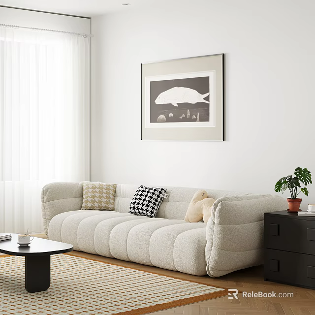 Cream Colored Lazy Sofa With Plaid Beige Cushions Small Coffee Table And White Curtains 3d model 