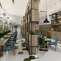 Café Interior Design With Blue Green Chairs Wooden Slat Partition Hanging Lights And Open Space