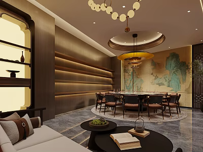Elegant Modern Chinese Private Room With Round Dining Table Landscape Painting Sofa And Coffee Table 3d model