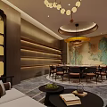 Elegant Modern Chinese Private Room With Round Dining Table Landscape Painting Sofa And Coffee Table