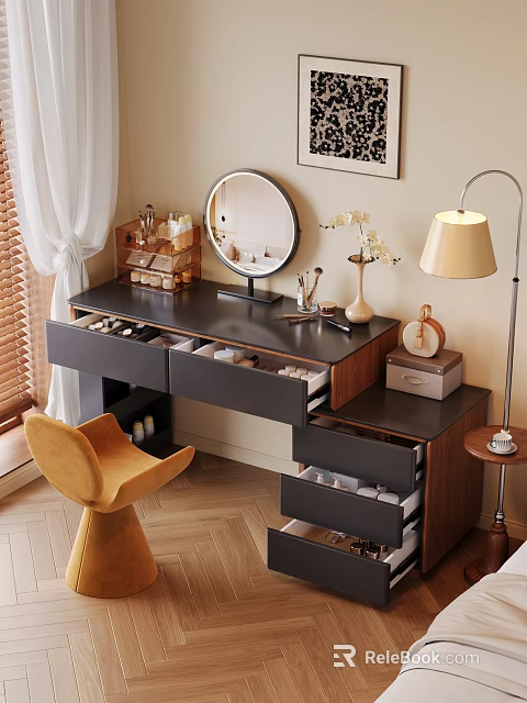Stylish Wooden Dressing Table With Round Mirror Open Drawers Cosmetics Chair And Table Lamp 3d model 