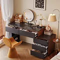 Stylish Wooden Dressing Table With Round Mirror Open Drawers Cosmetics Chair And Table Lamp